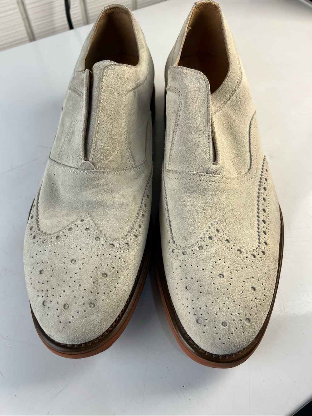Johnston & Murphy Off-White Suede Wingtip Slip-On Oxfords